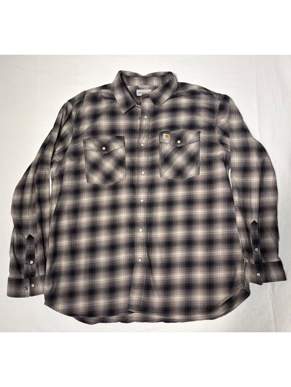 Carhartt Men’s Gray Black Plaid Pearl Snap Western Work Shirt Long Sleeve